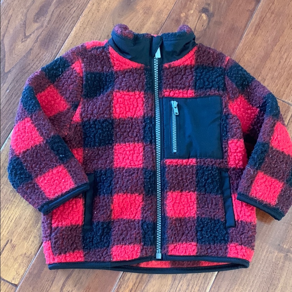 Old Navy Jacket size 12-18 month Unisex Mock Neck Buffalo Plaid Sherpa boy girl
